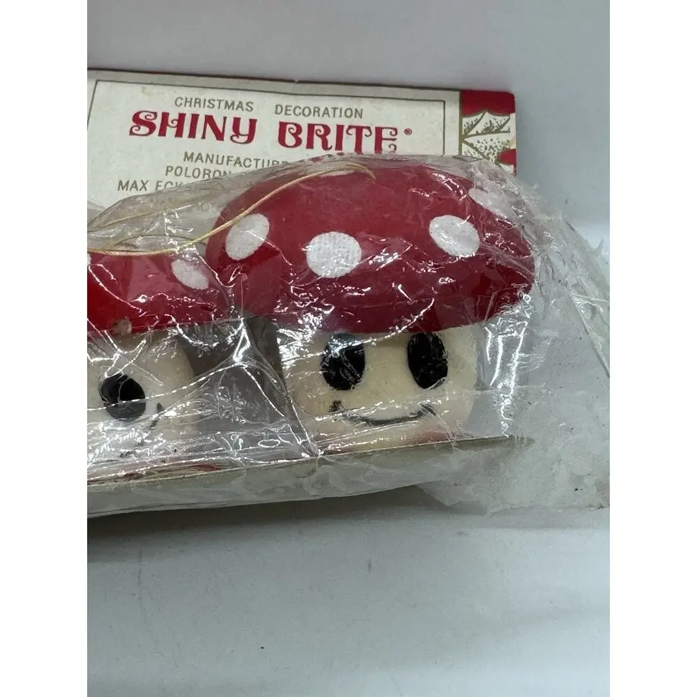 Vtg Very Rare Shiny Brite Flocked Mushroom Ornaments 3 Pc Japan Carded Christmas